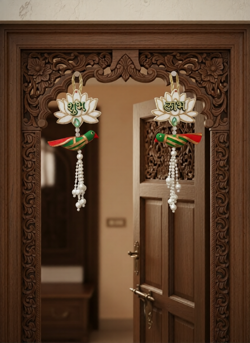 Handmade Shubh Labh Door Hanging | Lotus Design with Parrot (Set of 2)