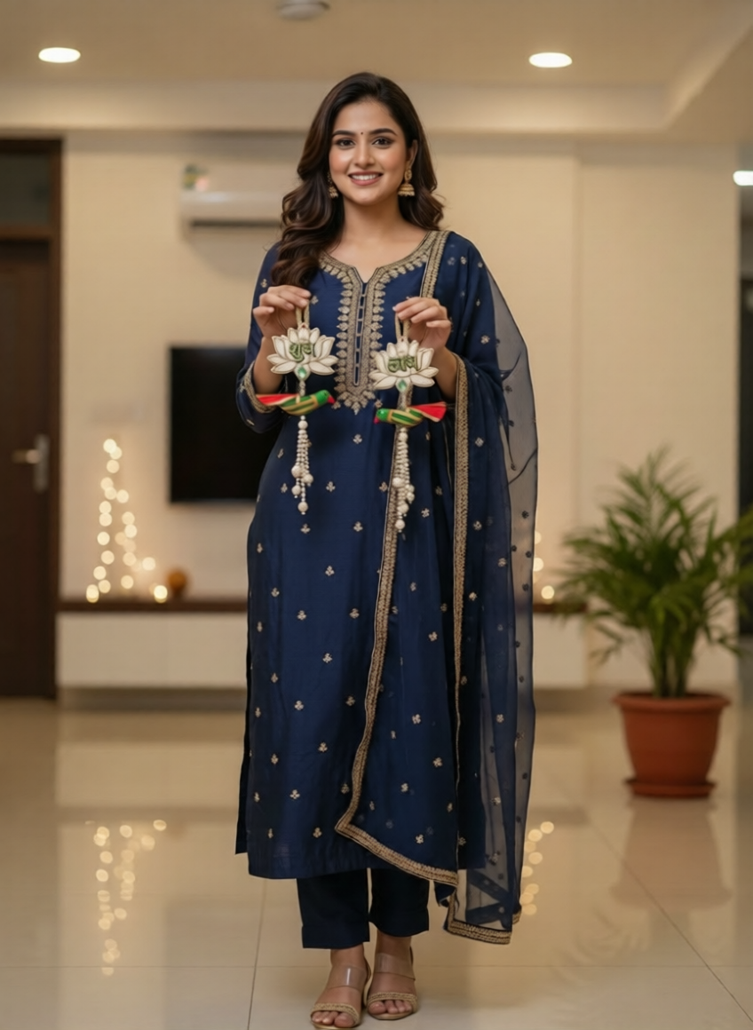 Handmade Shubh Labh Door Hanging | Lotus Design with Parrot (Set of 2)