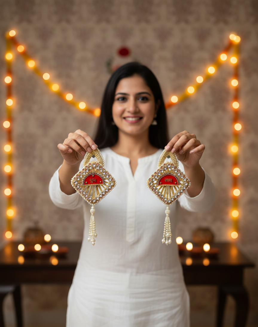 Shubh Labh Hanging Latkan | Square Design (Set of 2)