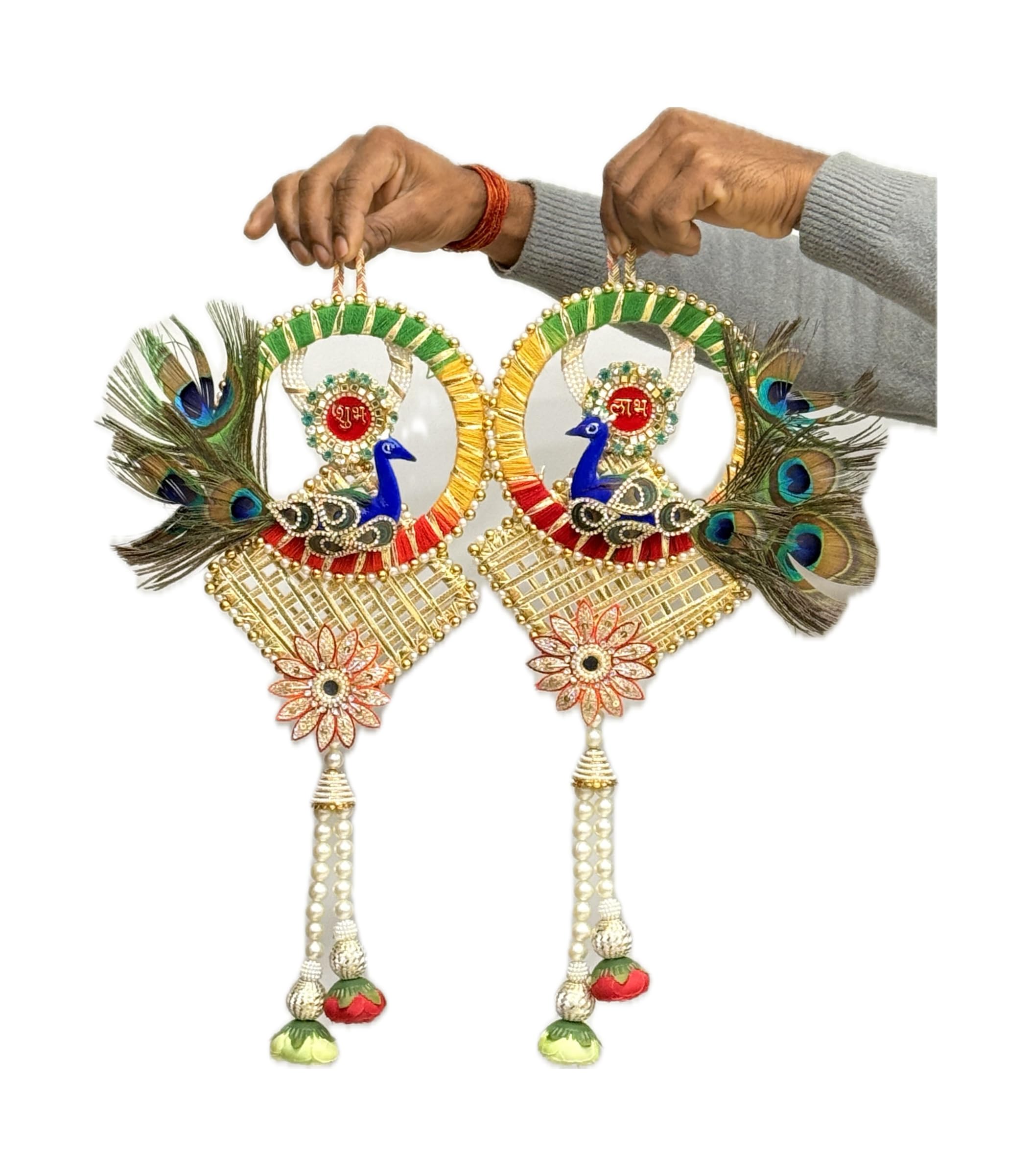 Handmade Peacock Design Shubh Labh Wall Hanging (Set of 2)