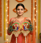 Handmade Peacock Design Shubh Labh Wall Hanging (Set of 2)