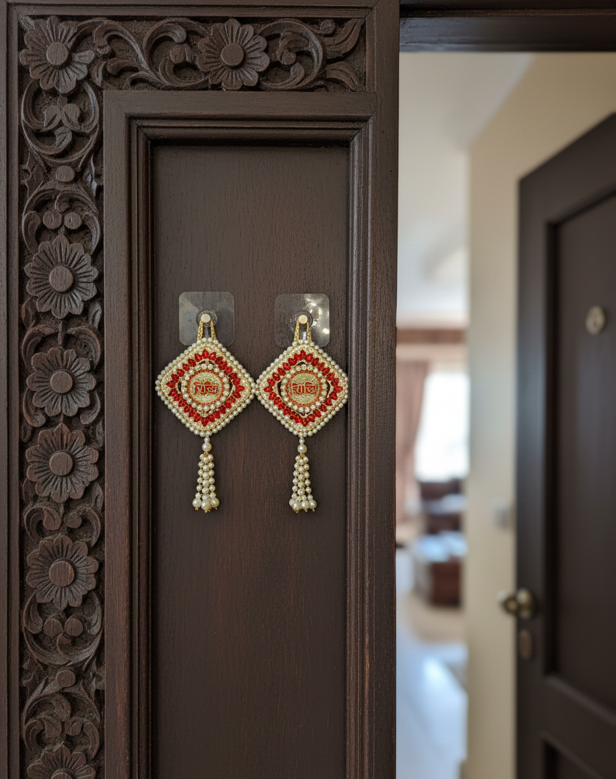 Riddhi Siddhi Hanging Latkan | Ethnic Red Pearl (Set of 2)