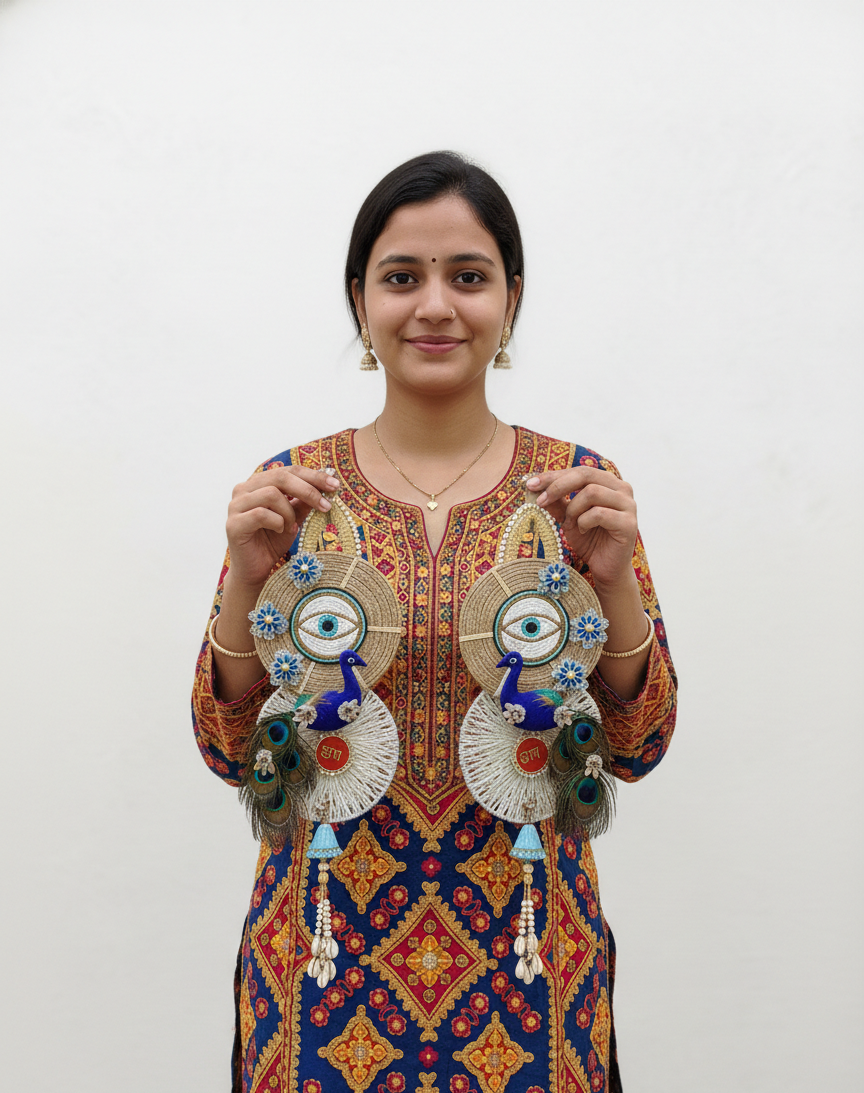 Peacock Shubh Labh With Evil Eye Door Hanging (Set of 2)