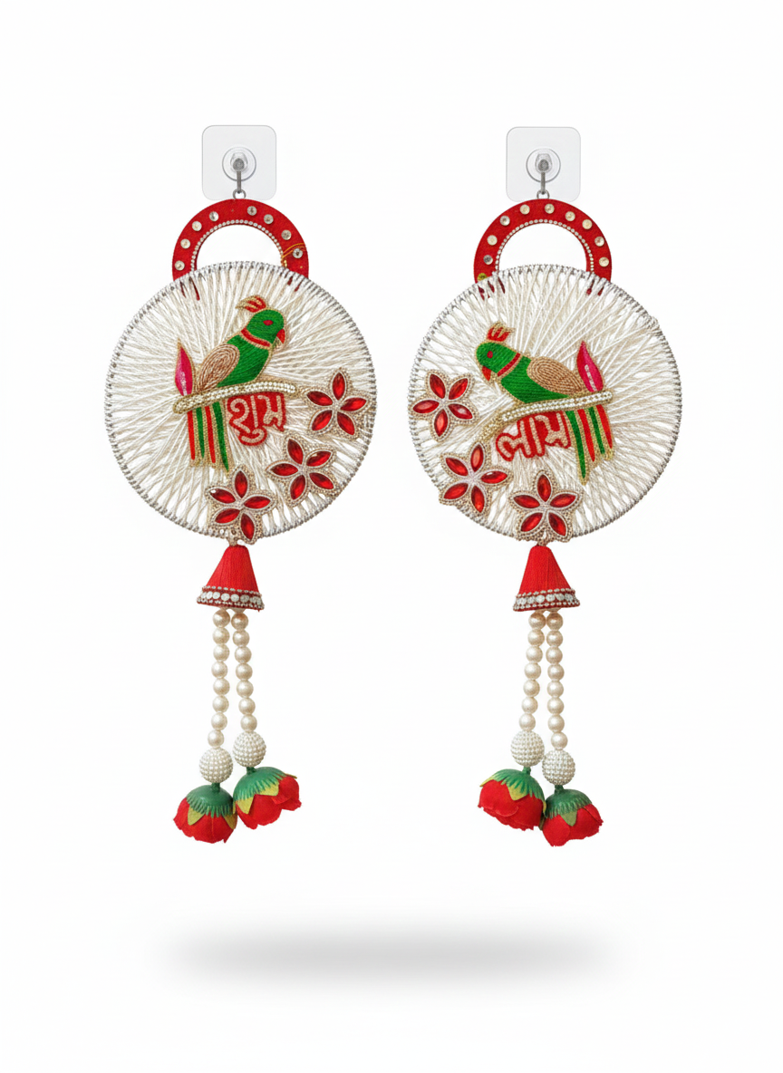 Shubh Labh Parrot Door Hanging Latkan | Circular Traditional (Set of 2)