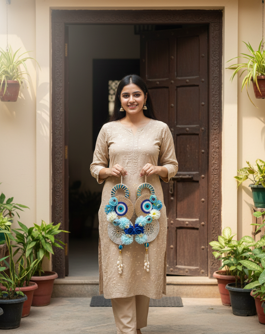 Evil Eye Flower Print Hanging Door Latkan  (Set of 2)