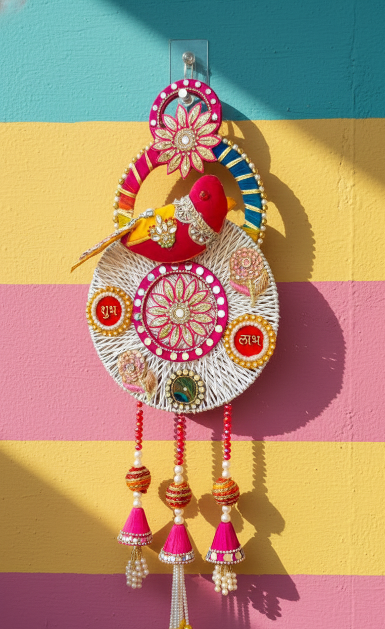 Shubh Labh Parrot Design Door Hanging Latkan | Circular Bird