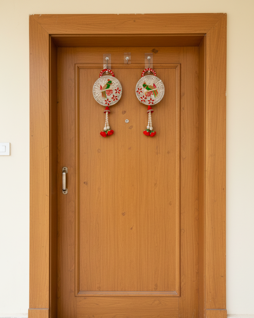 Shubh Labh Parrot Door Hanging Latkan | Circular Traditional (Set of 2)