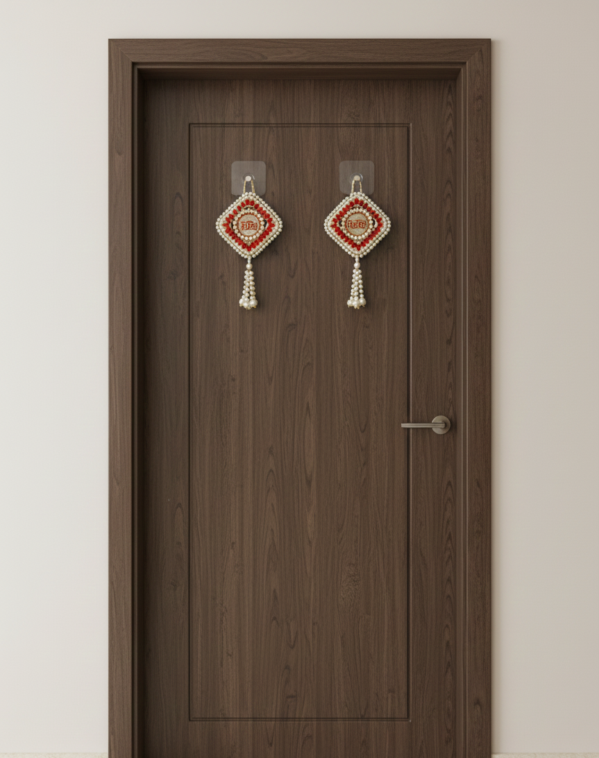Riddhi Siddhi Hanging Latkan | Ethnic Red Pearl (Set of 2)