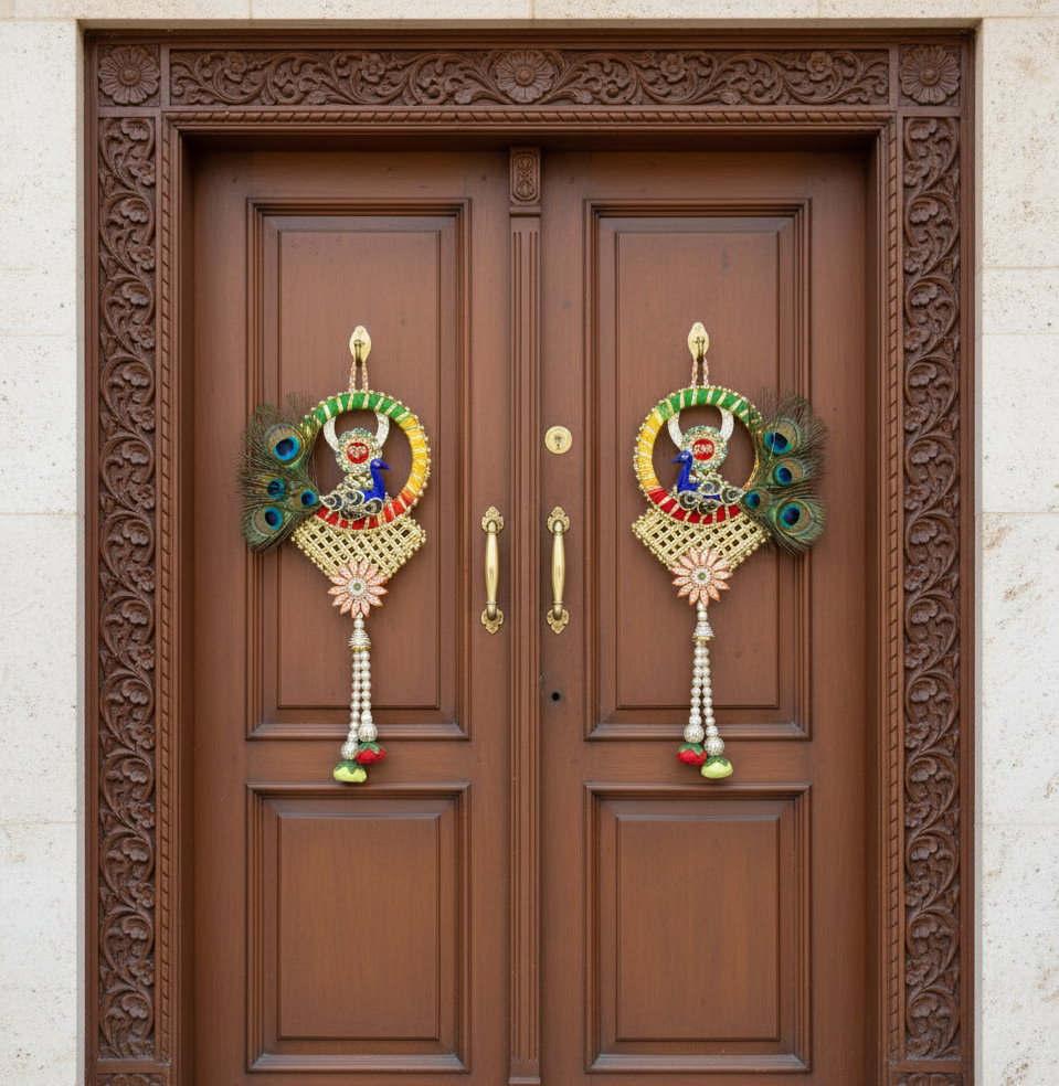 Handmade Peacock Design Shubh Labh Wall Hanging (Set of 2)