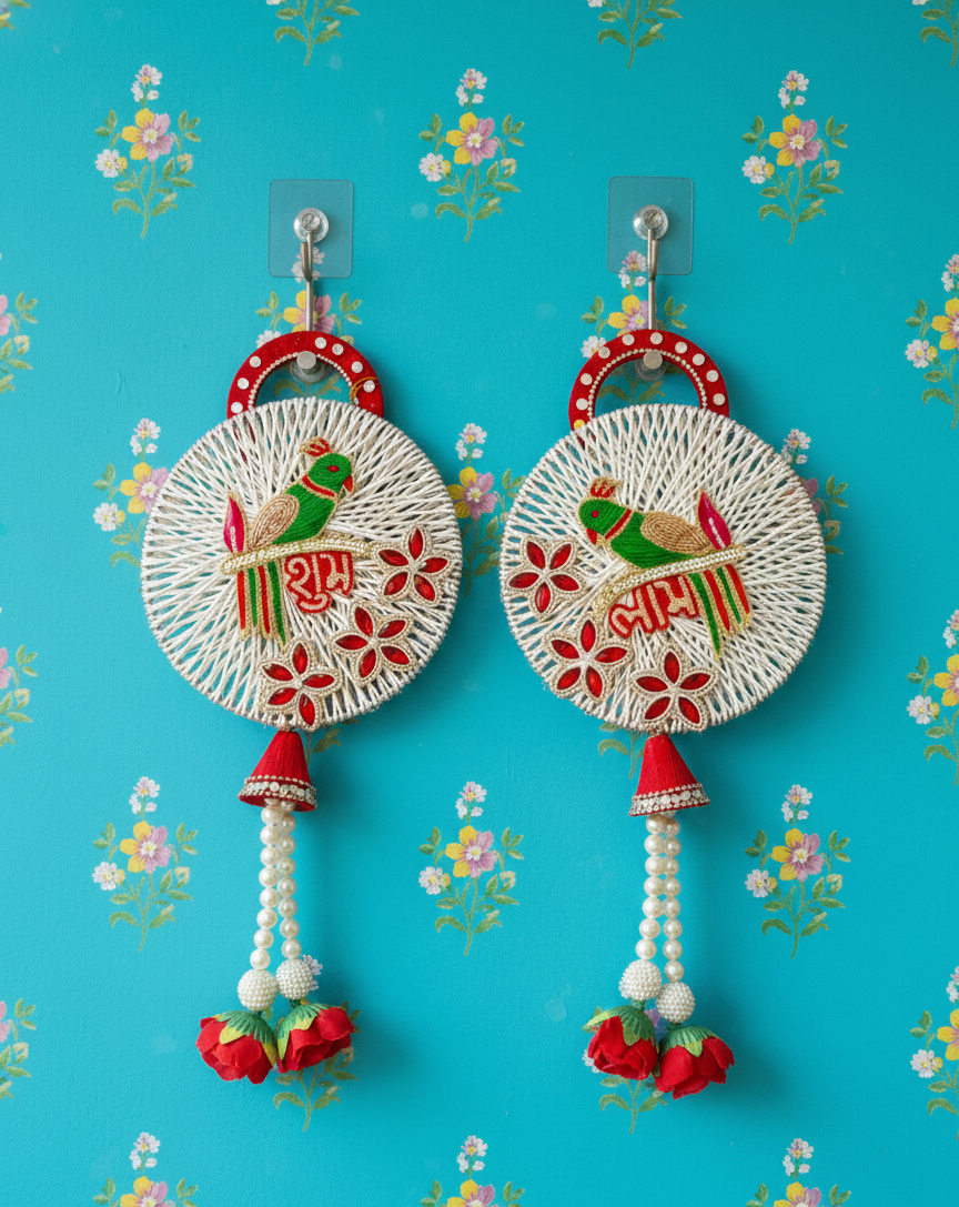 Shubh Labh Parrot Door Hanging Latkan | Circular Traditional (Set of 2)