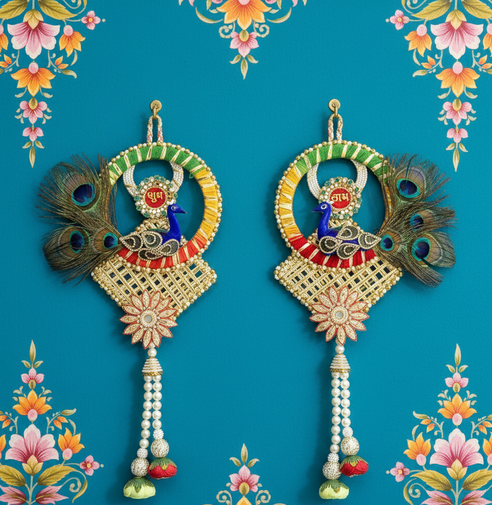 Handmade Peacock Design Shubh Labh Wall Hanging (Set of 2)