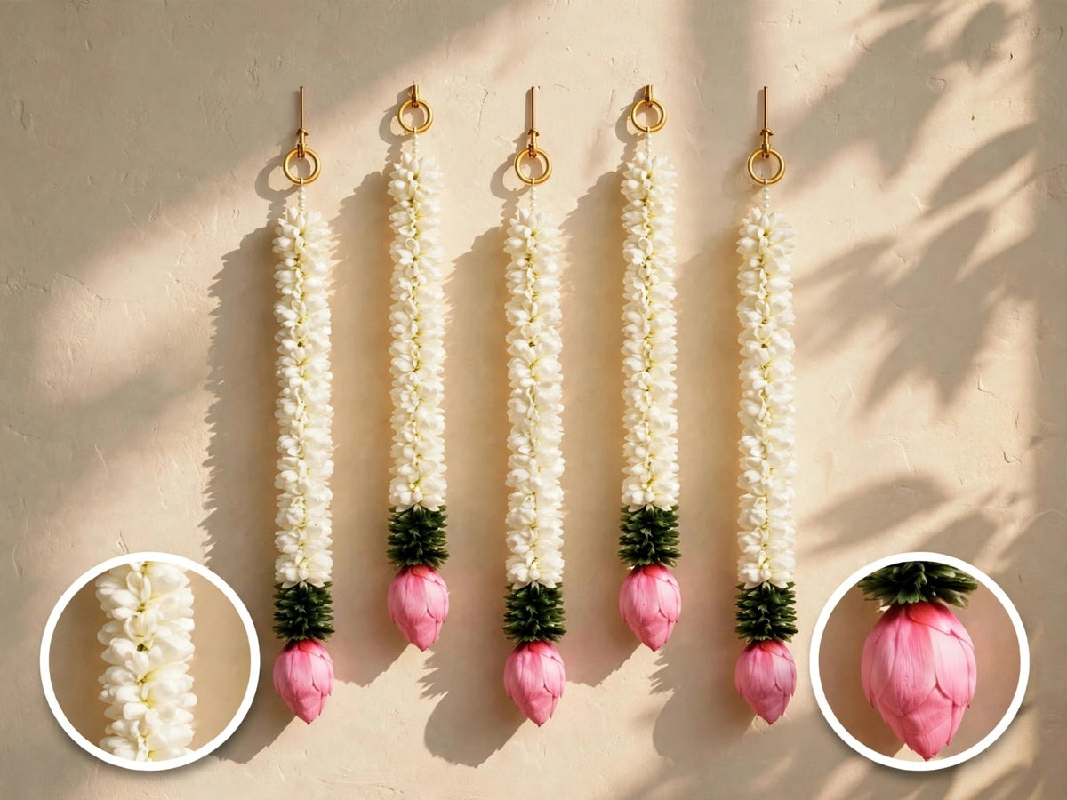 Mogra Lotus Ladi - Set of 5 White Flower Hanging for Home Temple & Entrance Decor -