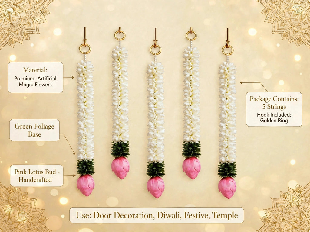 Mogra Lotus Ladi - Set of 5 White Flower Hanging for Home Temple & Entrance Decor -
