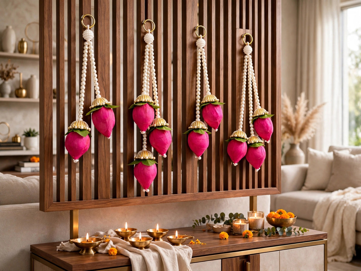 Pearl & Lotus Bud Tassel Hanging - Handmade Floral Ladi for Festive Home Decor - Pack of 4