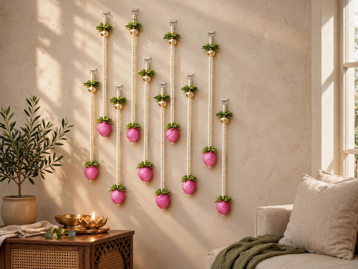 Lotus Pearl Curtain Backdrop - Set of 10 Strings for Temple, Living Room Wall & Entrance Decor