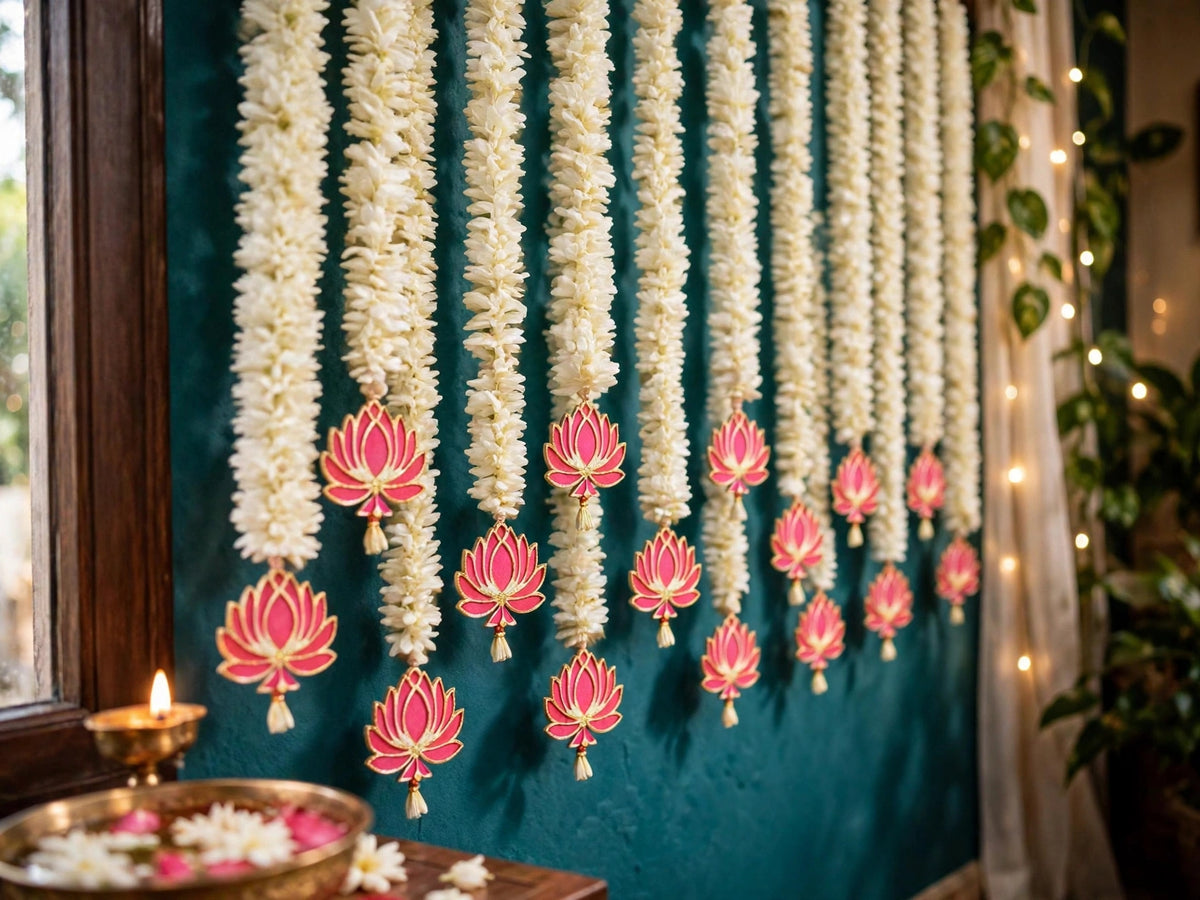 Lotus & Mogra Floral Backdrop Hangings - Set of 10 Strings for Temple, Diwali & Wedding Decor