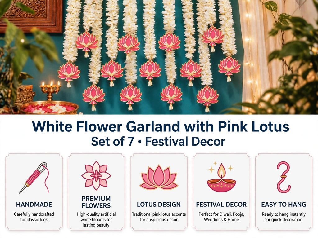 Lotus & Mogra Floral Backdrop Hangings - Set of 10 Strings for Temple, Diwali & Wedding Decor