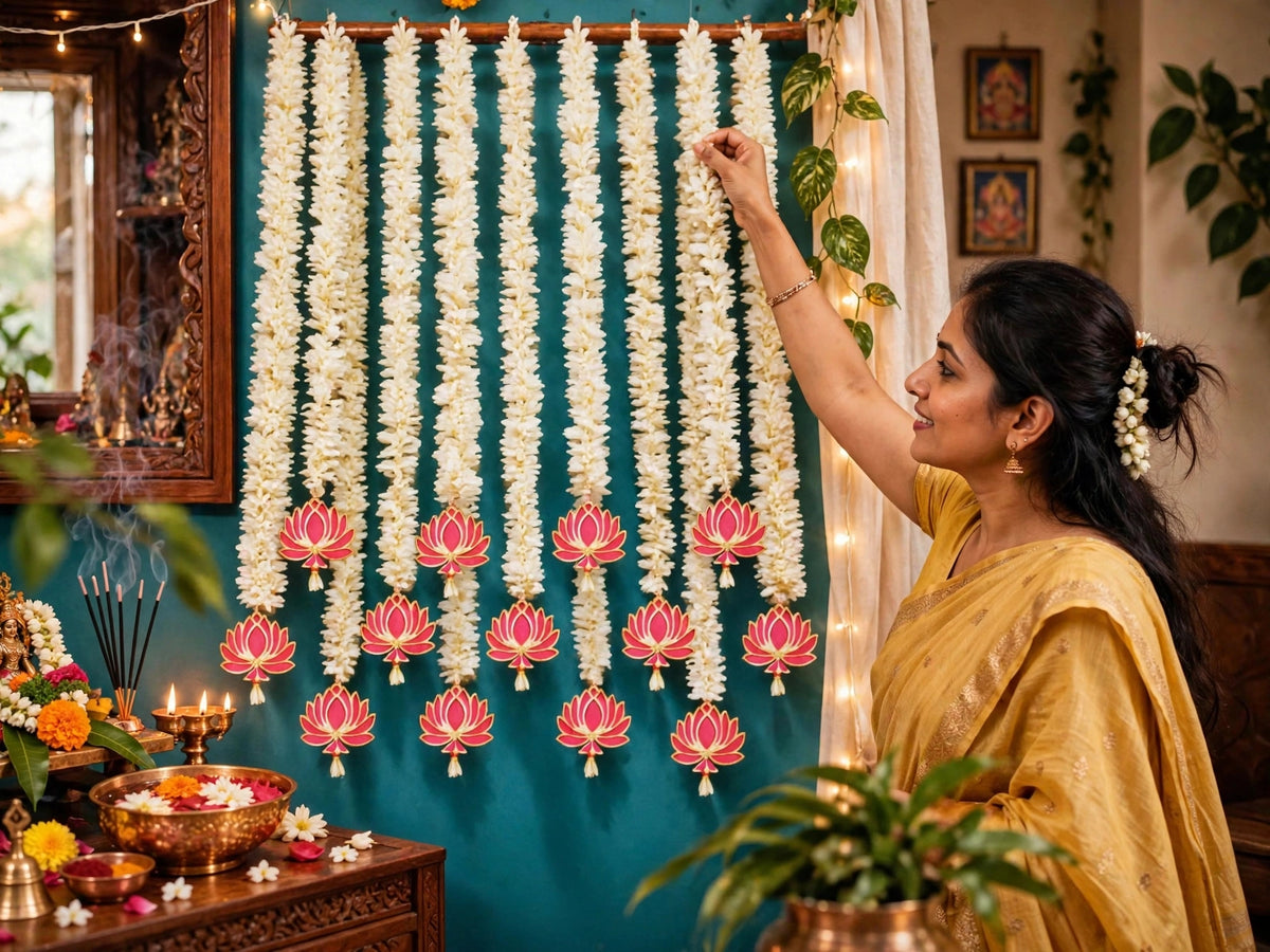 Lotus & Mogra Floral Backdrop Hangings - Set of 10 Strings for Temple, Diwali & Wedding Decor