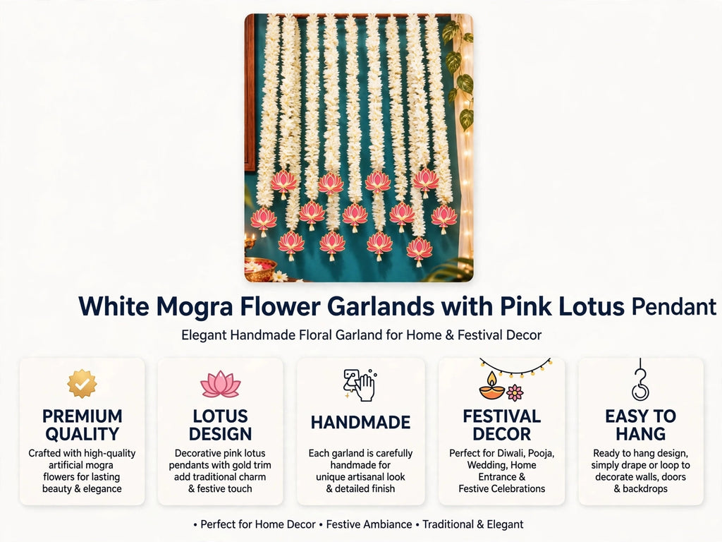 Lotus & Mogra Floral Backdrop Hangings - Set of 10 Strings for Temple, Diwali & Wedding Decor