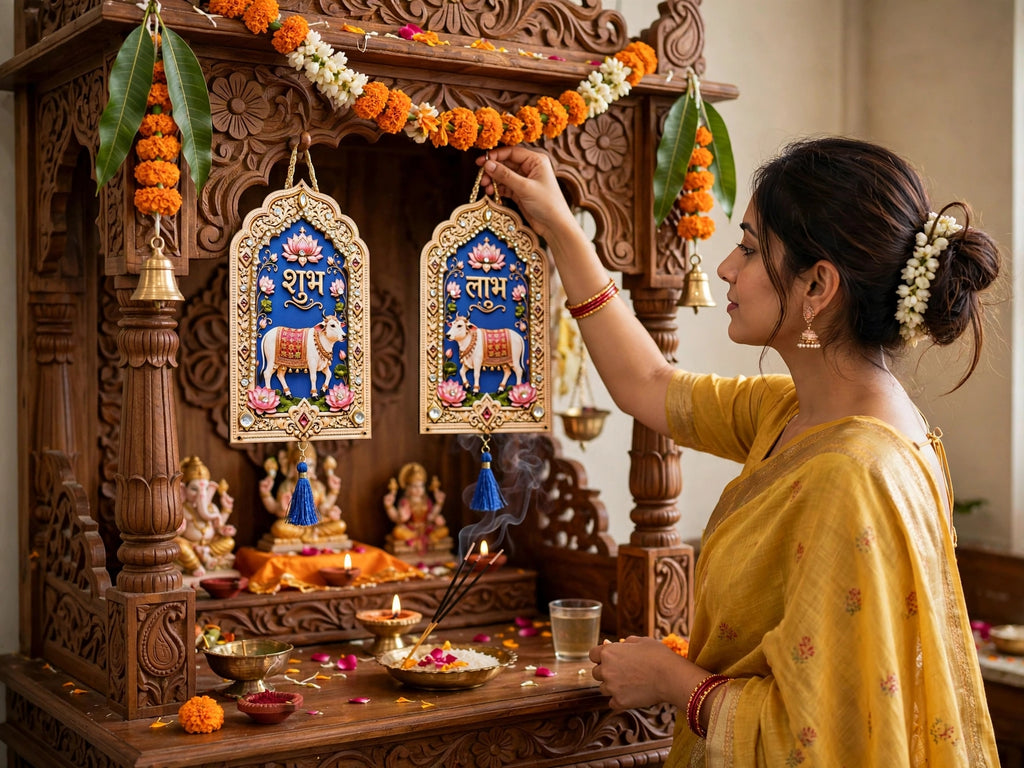 Pichwai Shubh Labh Hanging - Set of 2 Handmade Cow & Lotus Wall Decor for Diwali & Housewarming