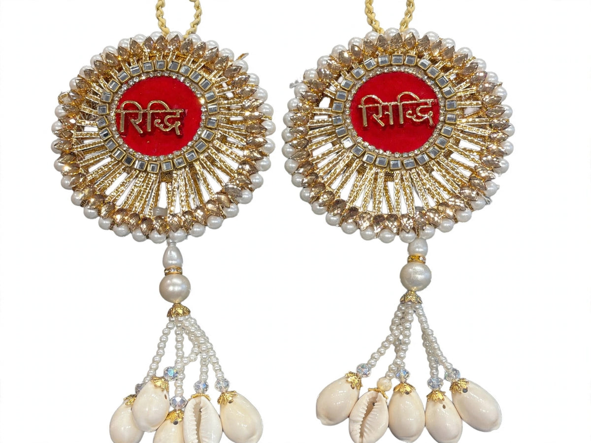 Riddhi Siddhi Door Hanging with Moti & Kaudi Tassels - Traditional Wall Decor for Home Temple & Main Entrance - Pack of 2