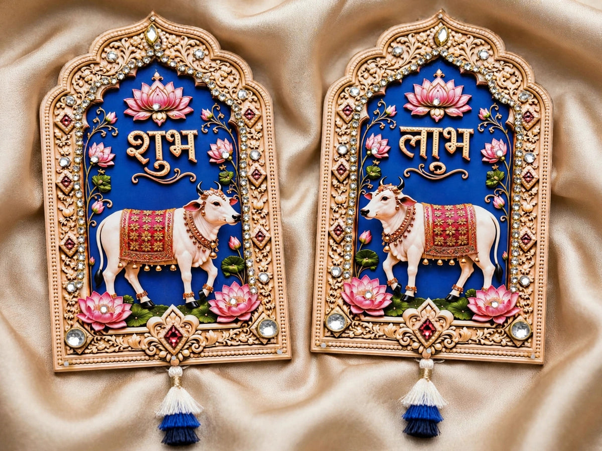 Pichwai Shubh Labh Hanging - Set of 2 Handmade Cow & Lotus Wall Decor for Diwali & Housewarming