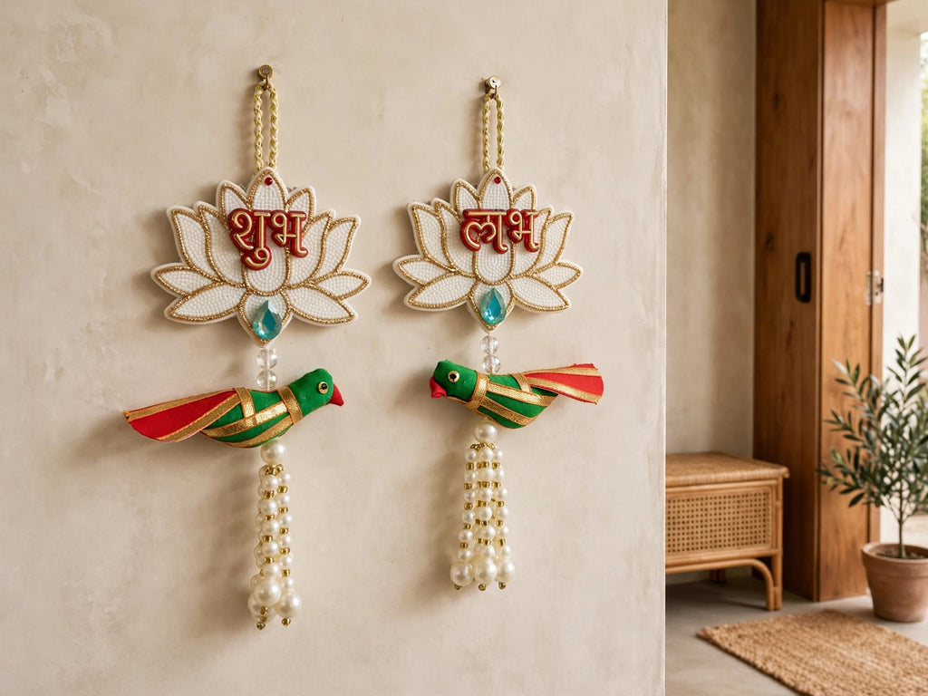 White Lotus Shubh Labh Door Decor with Parrot - Traditional Pearl Hanging for Diwali & Housewarming - Pack of 2