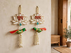 White Lotus Shubh Labh Door Decor with Parrot - Traditional Pearl Hanging for Diwali & Housewarming - Pack of 2