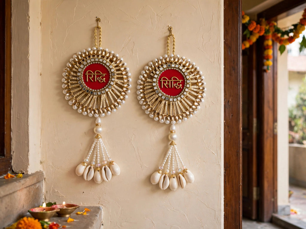 Riddhi Siddhi Door Hanging with Moti & Kaudi Tassels - Traditional Wall Decor for Home Temple & Main Entrance - Pack of 2