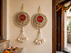 Riddhi Siddhi Door Hanging with Moti & Kaudi Tassels - Traditional Wall Decor for Home Temple & Main Entrance - Pack of 2