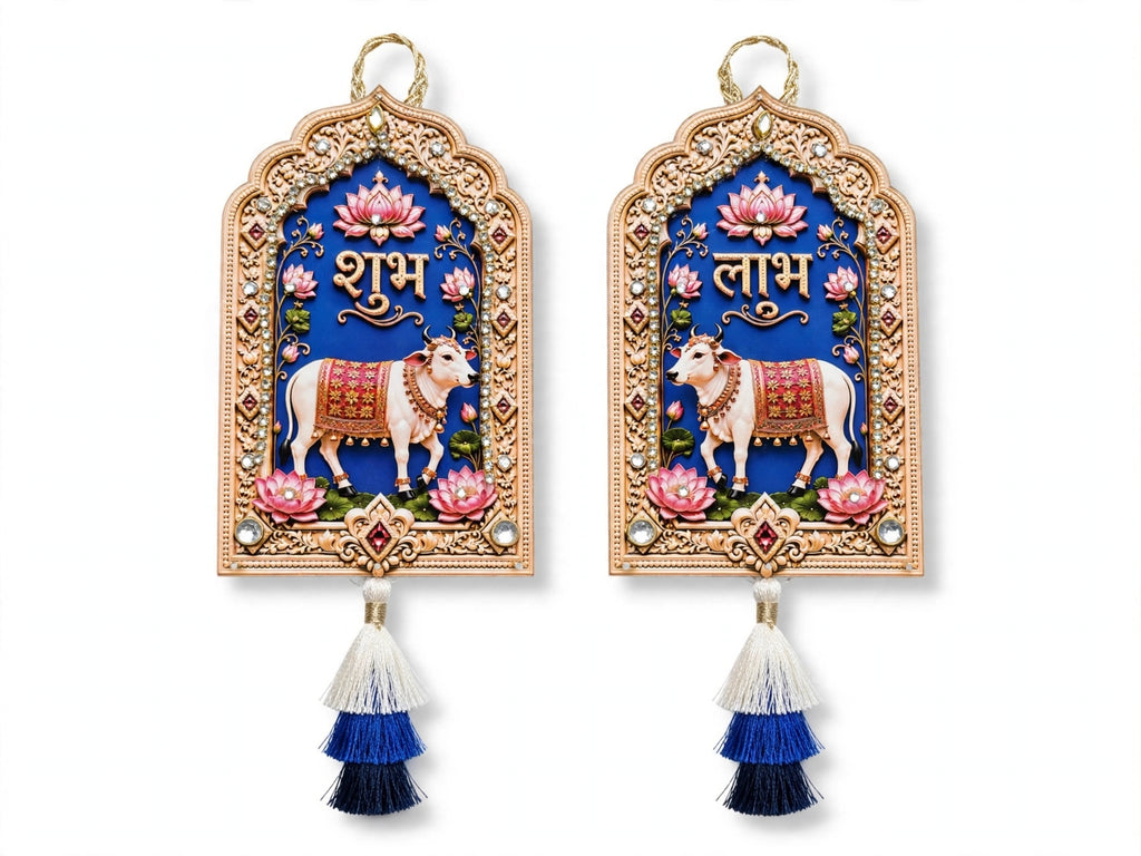 Pichwai Shubh Labh Hanging - Set of 2 Handmade Cow & Lotus Wall Decor for Diwali & Housewarming