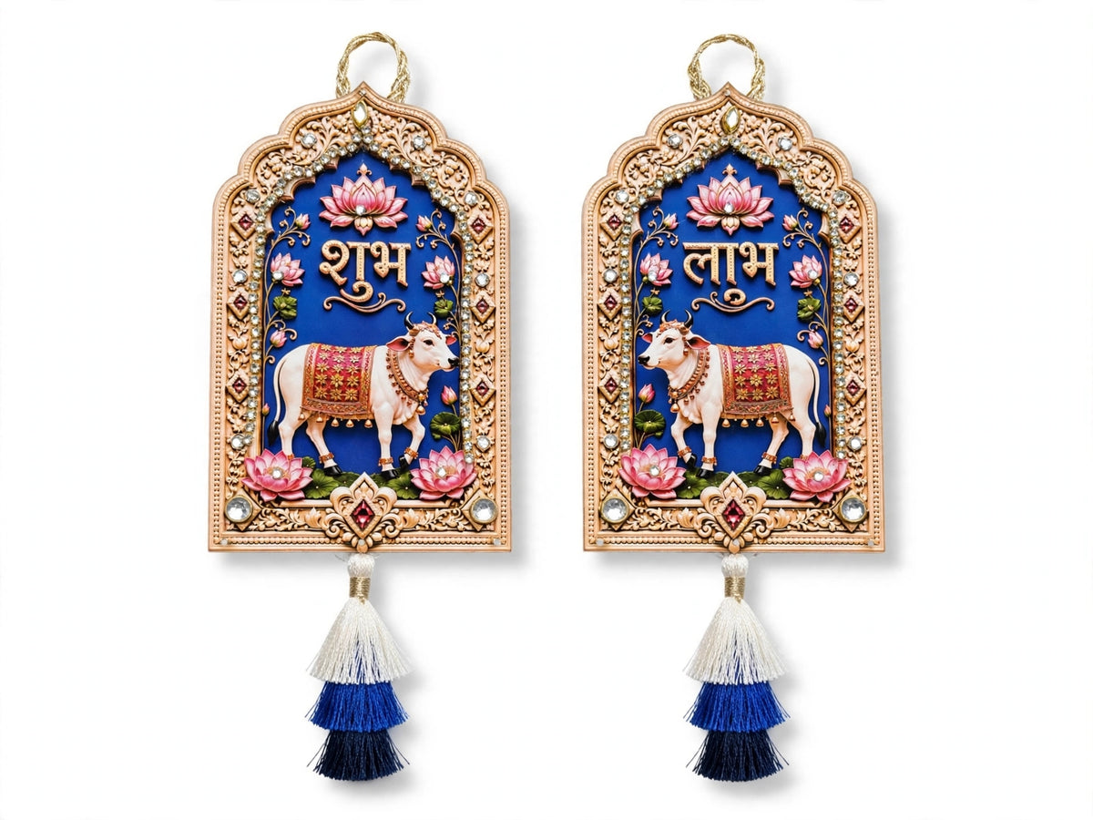 Pichwai Shubh Labh Hanging - Set of 2 Handmade Cow & Lotus Wall Decor for Diwali & Housewarming