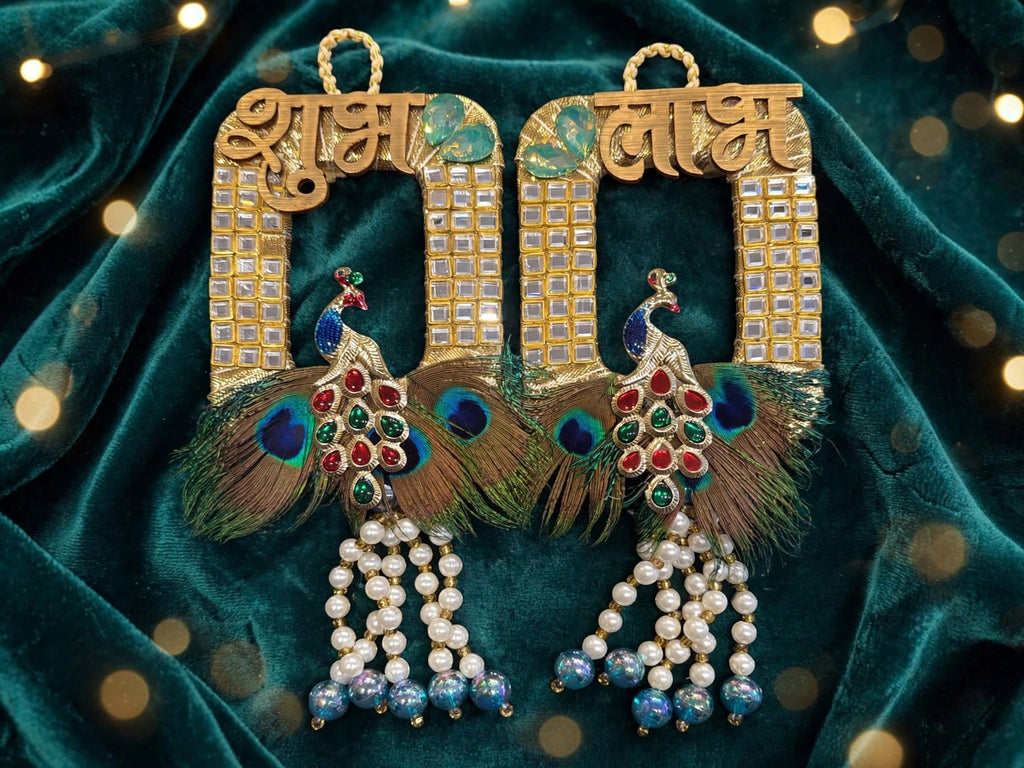 Royal Peacock Shubh Labh Door Decor - Handmade Wall Hanging for Main Door, Temple & Festive Entrance - Pack of 2