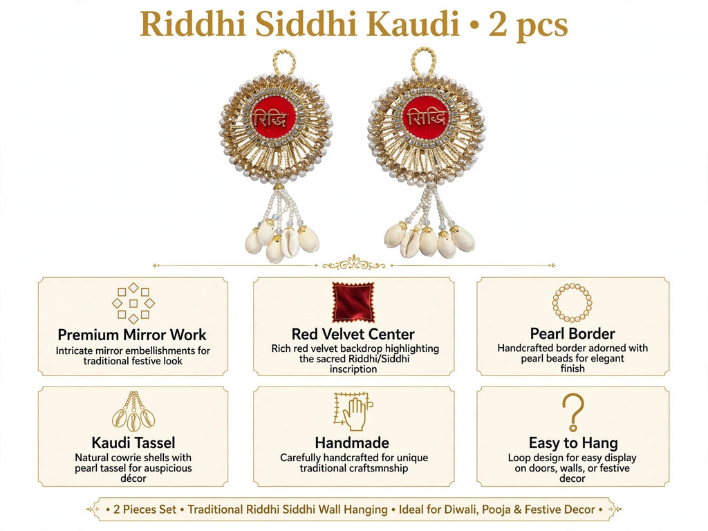 Riddhi Siddhi Door Hanging with Moti & Kaudi Tassels - Traditional Wall Decor for Home Temple & Main Entrance - Pack of 2