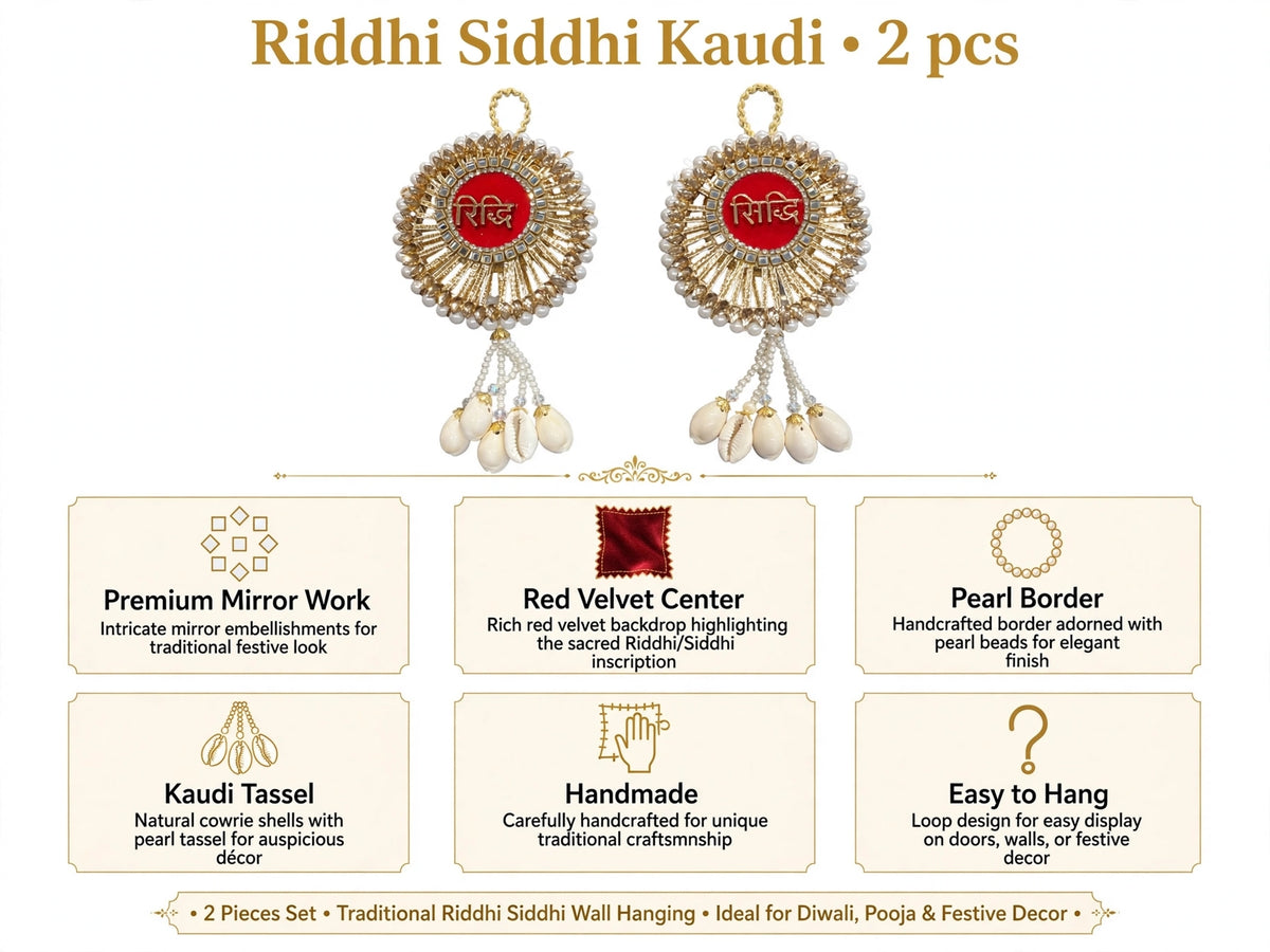Riddhi Siddhi Door Hanging with Moti & Kaudi Tassels - Traditional Wall Decor for Home Temple & Main Entrance - Pack of 2