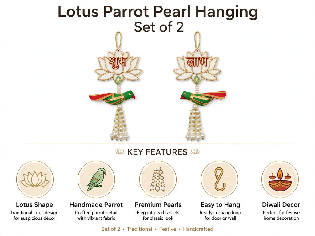 White Lotus Shubh Labh Door Decor with Parrot - Traditional Pearl Hanging for Diwali & Housewarming - Pack of 2