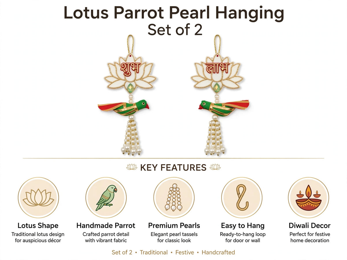 White Lotus Shubh Labh Door Decor with Parrot - Traditional Pearl Hanging for Diwali & Housewarming - Pack of 2