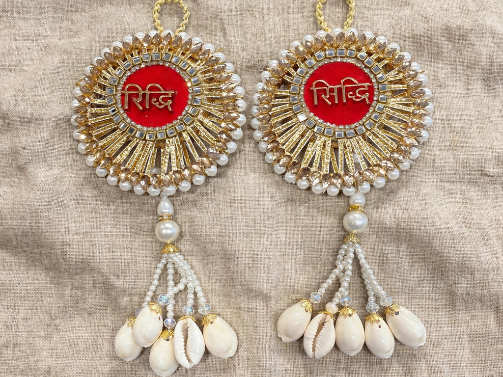 Riddhi Siddhi Door Hanging with Moti & Kaudi Tassels - Traditional Wall Decor for Home Temple & Main Entrance - Pack of 2