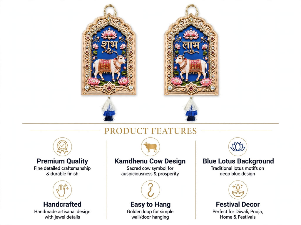 Pichwai Shubh Labh Hanging - Set of 2 Handmade Cow & Lotus Wall Decor for Diwali & Housewarming
