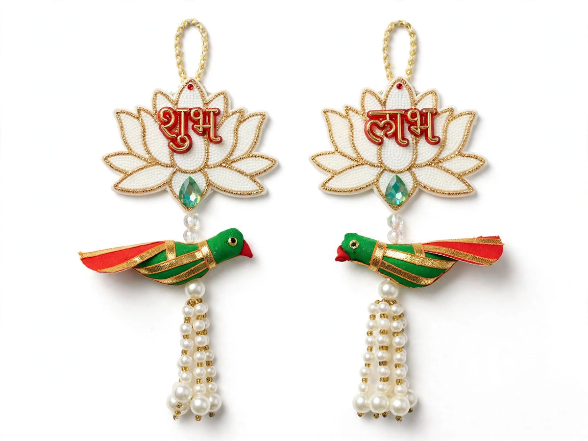 White Lotus Shubh Labh Door Decor with Parrot - Traditional Pearl Hanging for Diwali & Housewarming - Pack of 2