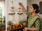 White Lotus Shubh Labh Door Decor with Parrot - Traditional Pearl Hanging for Diwali & Housewarming - Pack of 2