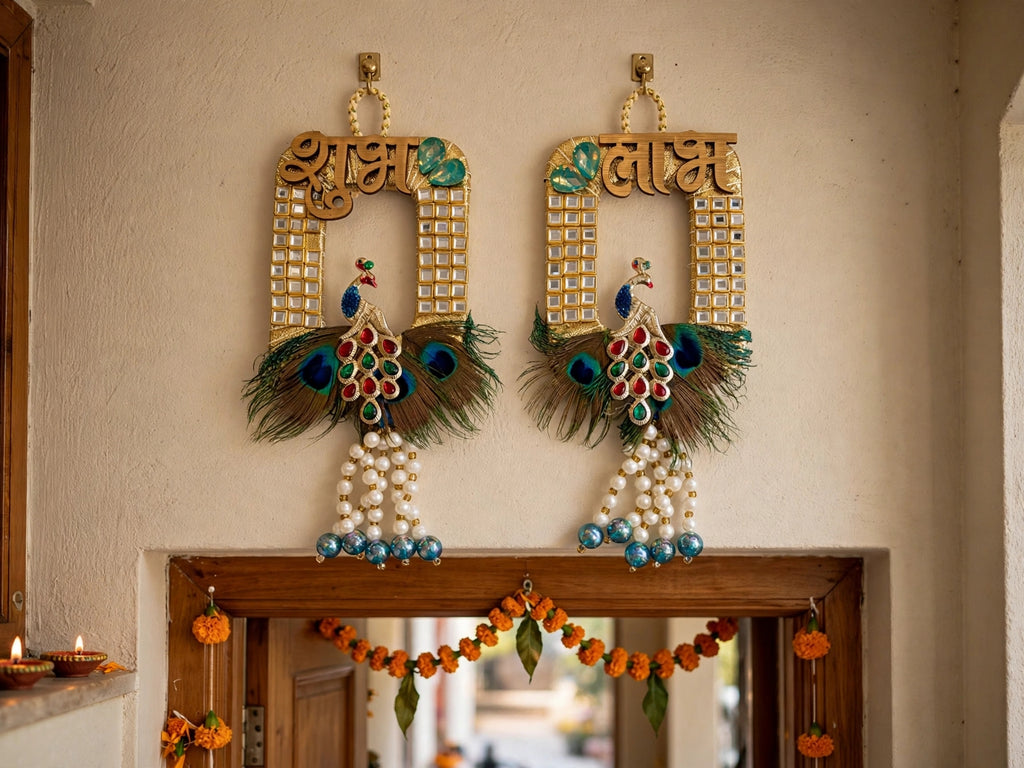 Royal Peacock Shubh Labh Door Decor - Handmade Wall Hanging for Main Door, Temple & Festive Entrance - Pack of 2