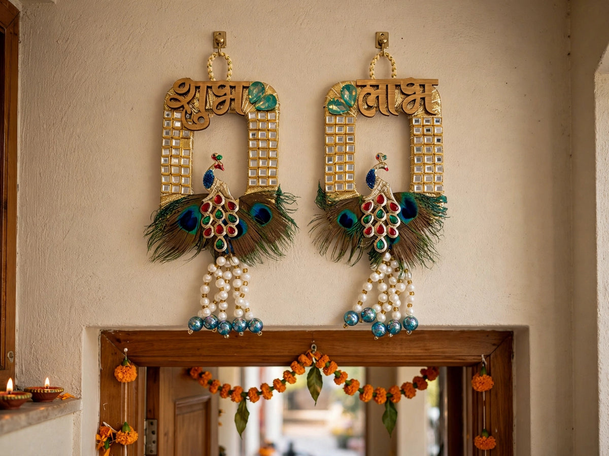 Royal Peacock Shubh Labh Door Decor - Handmade Wall Hanging for Main Door, Temple & Festive Entrance - Pack of 2