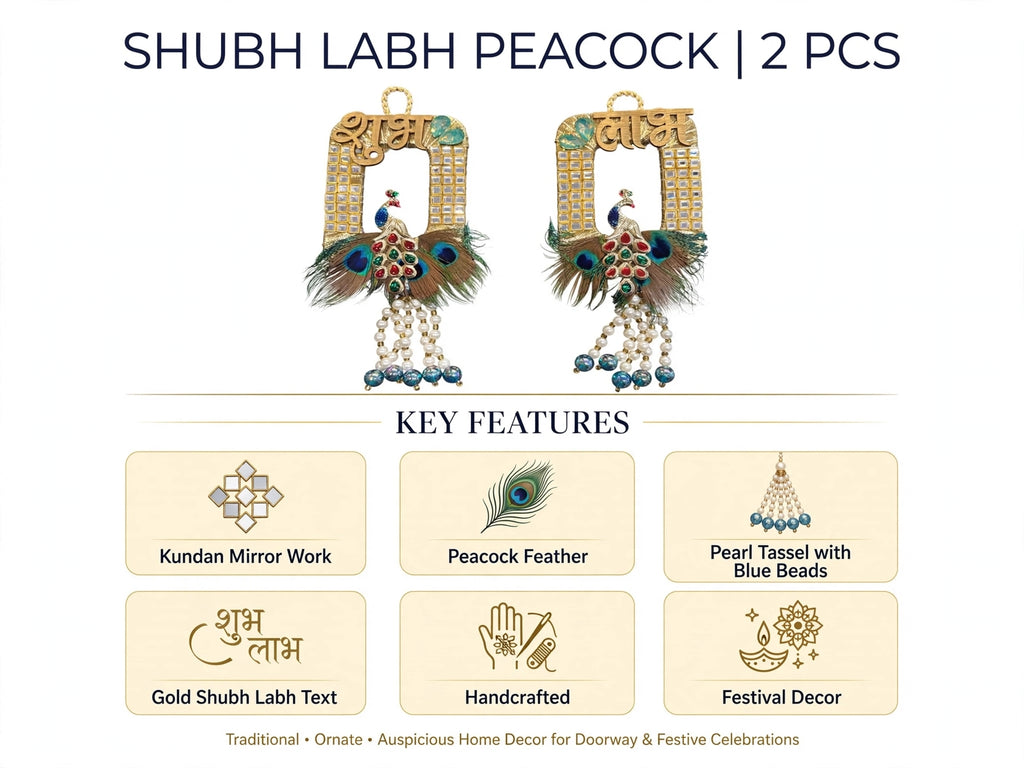 Royal Peacock Shubh Labh Door Decor - Handmade Wall Hanging for Main Door, Temple & Festive Entrance - Pack of 2