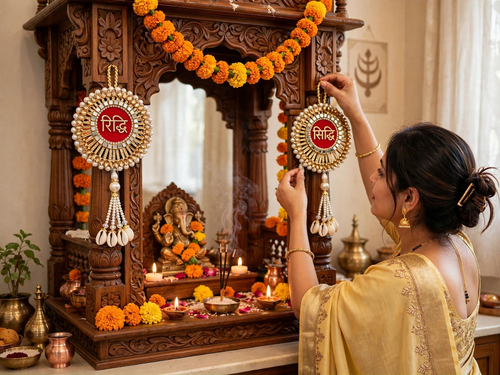Riddhi Siddhi Door Hanging with Moti & Kaudi Tassels - Traditional Wall Decor for Home Temple & Main Entrance - Pack of 2