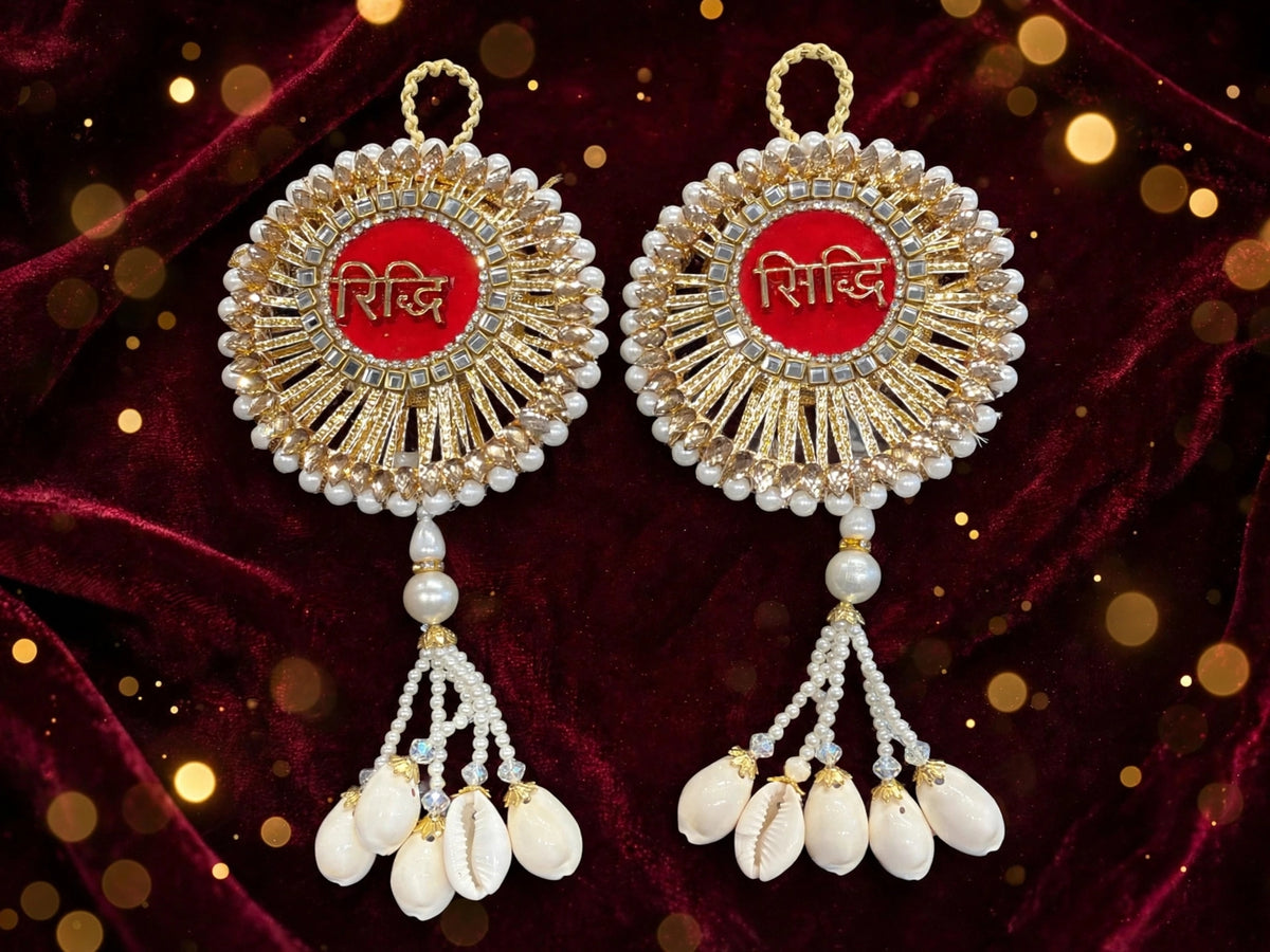 Riddhi Siddhi Door Hanging with Moti & Kaudi Tassels - Traditional Wall Decor for Home Temple & Main Entrance - Pack of 2