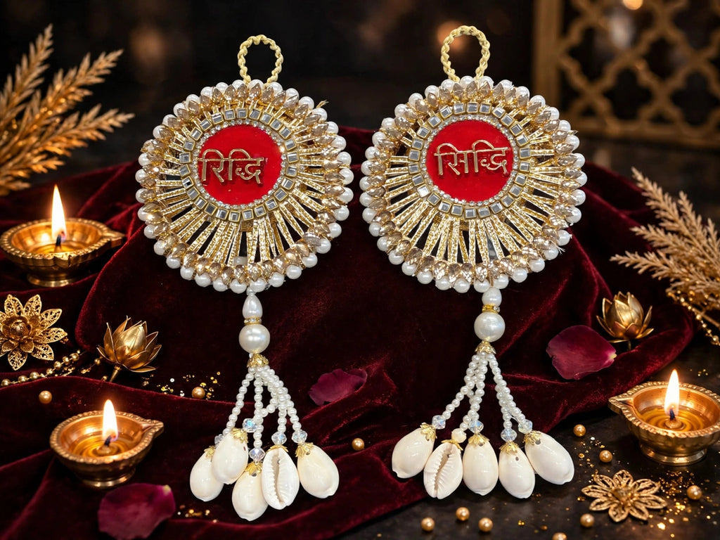 Riddhi Siddhi Door Hanging with Moti & Kaudi Tassels - Traditional Wall Decor for Home Temple & Main Entrance - Pack of 2
