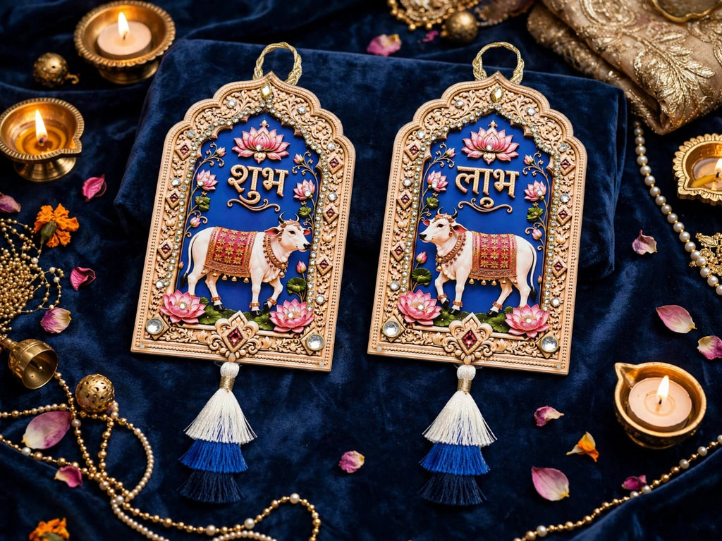 Pichwai Shubh Labh Hanging - Set of 2 Handmade Cow & Lotus Wall Decor for Diwali & Housewarming