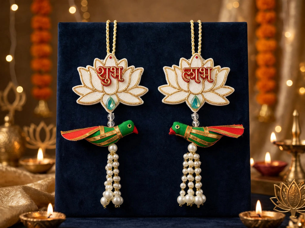 White Lotus Shubh Labh Door Decor with Parrot - Traditional Pearl Hanging for Diwali & Housewarming - Pack of 2