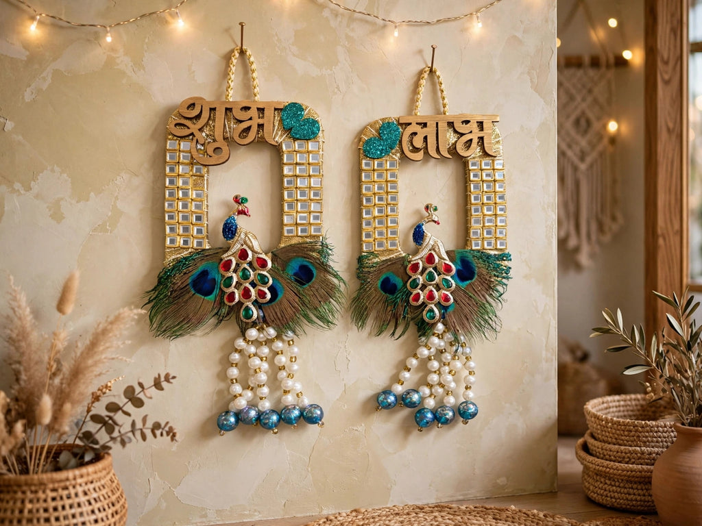 Royal Peacock Shubh Labh Door Decor - Handmade Wall Hanging for Main Door, Temple & Festive Entrance - Pack of 2